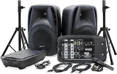 Gemini ES-210MXBLU-ST portable PA system with speaker stands — 300W peak, dual 10" speakers, Bluetooth/USB/SD media player
