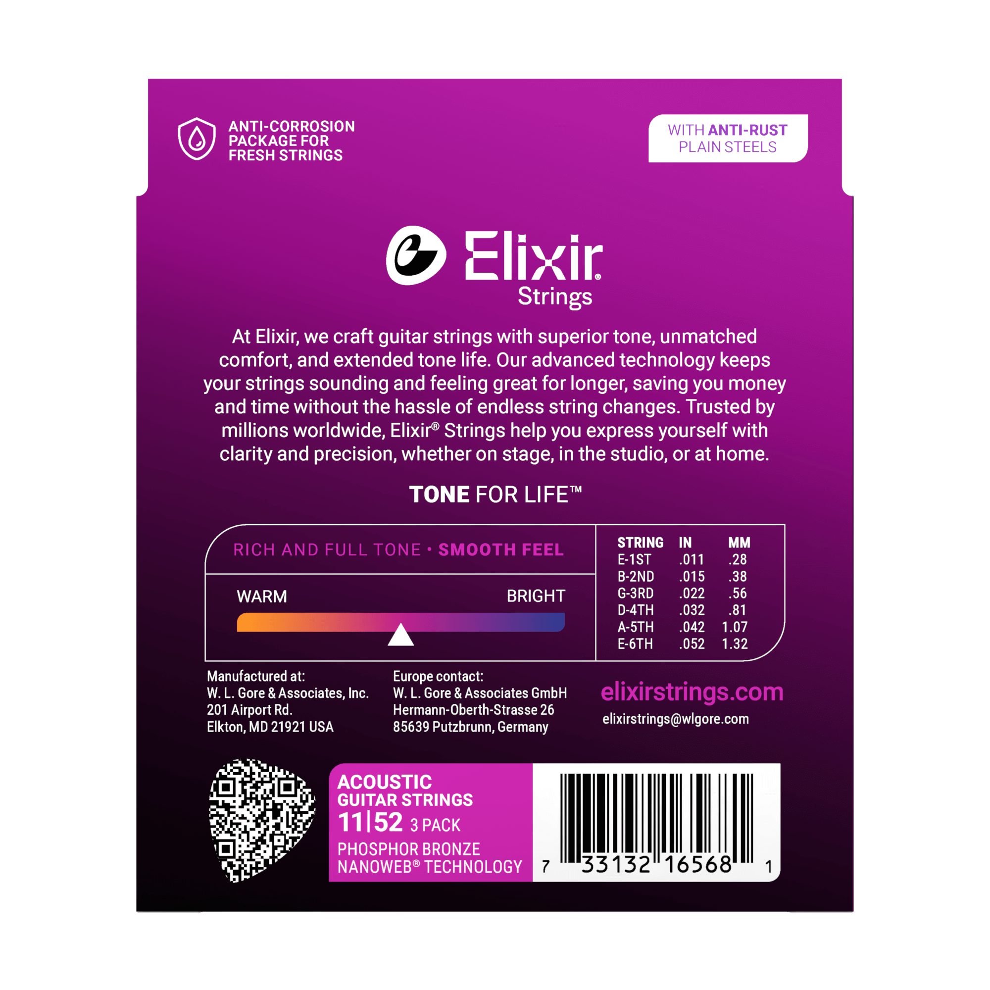 Elixir 3-Pack Phosphor Bronze Acoustic Guitar Strings with NANOWEB Technology