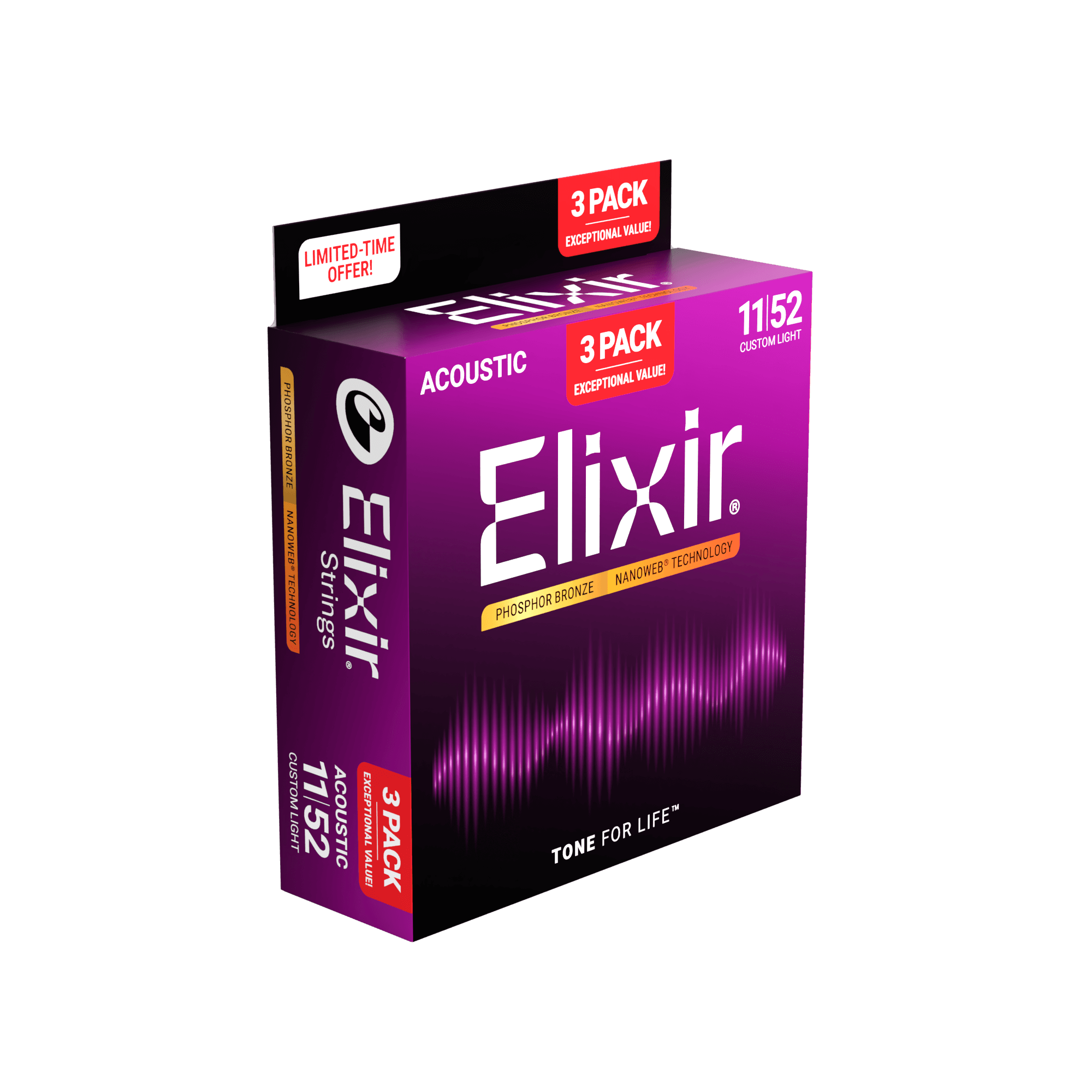 Elixir 3-Pack Phosphor Bronze Acoustic Guitar Strings with NANOWEB Technology