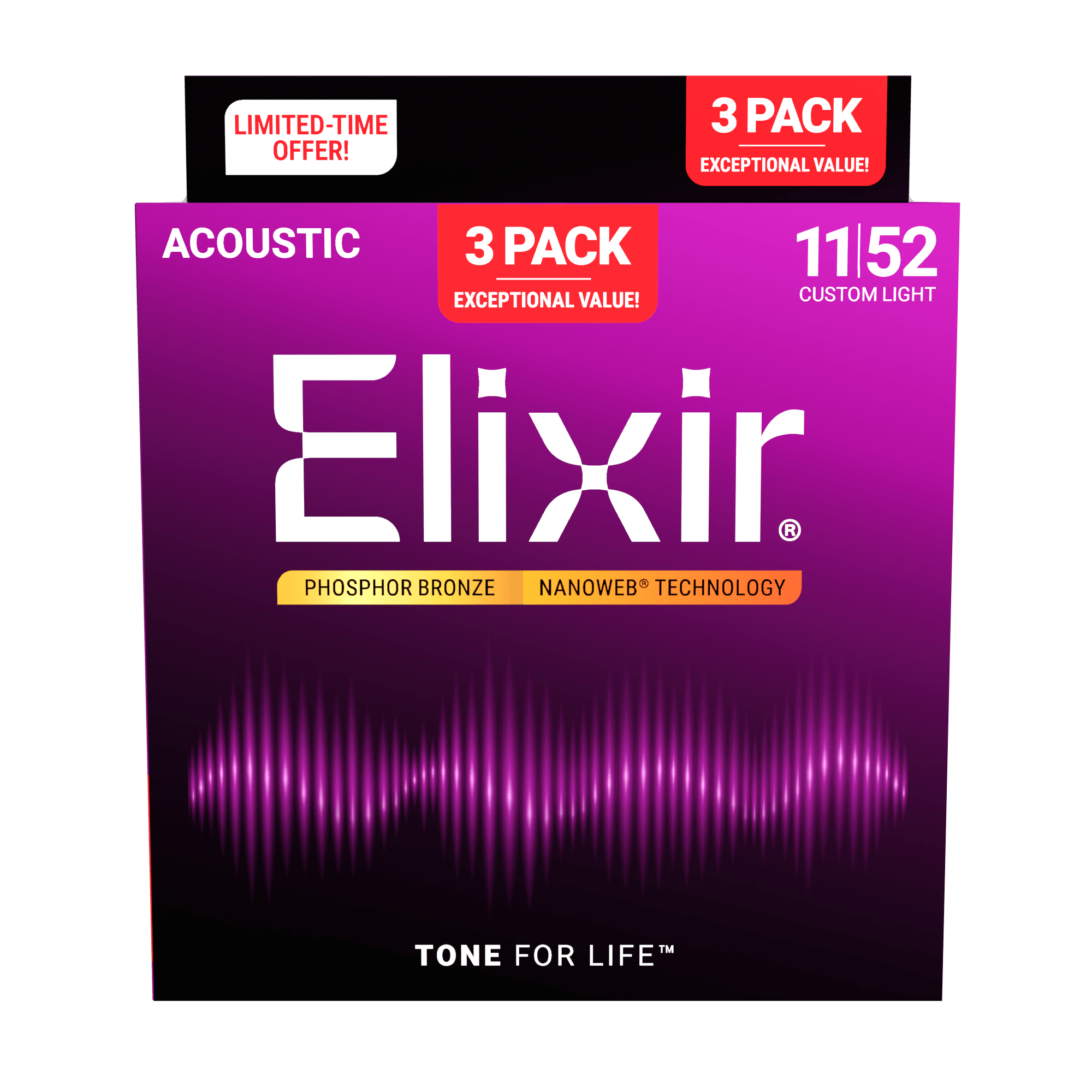 Elixir 3-Pack Phosphor Bronze Acoustic Guitar Strings with NANOWEB Technology