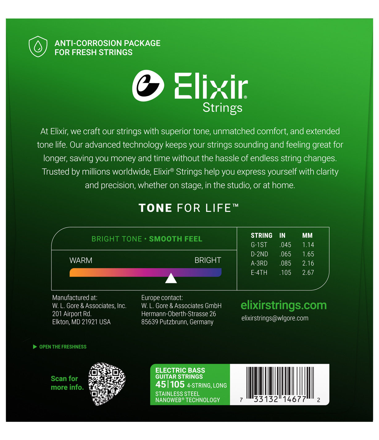STAINLESS STEEL ELECTRIC BASS STRINGS WITH NANOWEB TECHNOLOGY