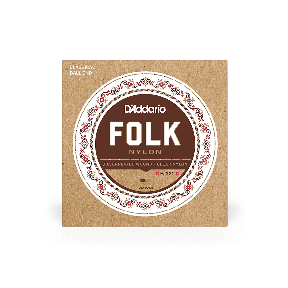 D'Addarío Folk EJ32C Normal Tension Ball End - Silver-Wound/Clear Nylon Classical Guitar Strings
