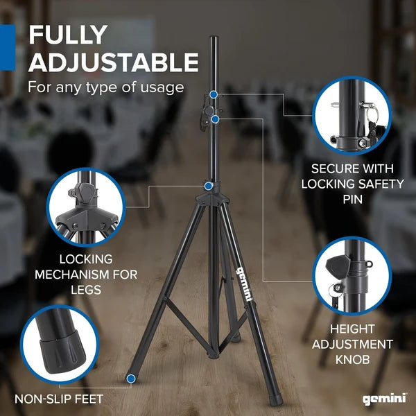 Gemini ST-04 professional tripod speaker stand , 60 lb capacity, 43" to 80" adjustable height, 38mm steel tubing