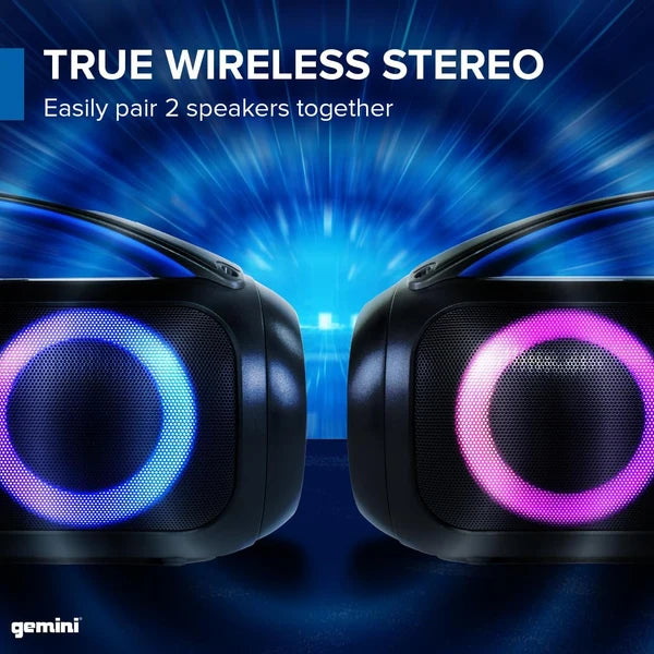 Gemini GGO-230L portable Bluetooth boombox with LED party lighting, dual 3" woofers, 7-hour battery