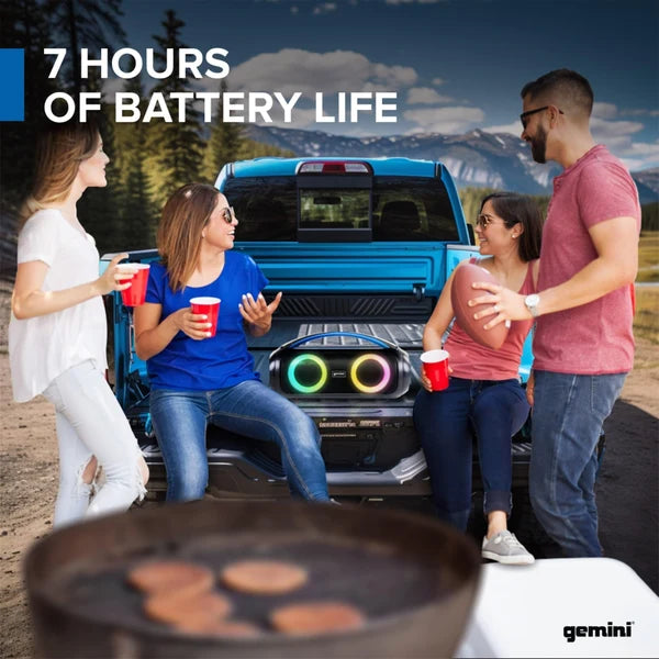 Gemini GGO-230L portable Bluetooth boombox with LED party lighting, dual 3" woofers, 7-hour battery
