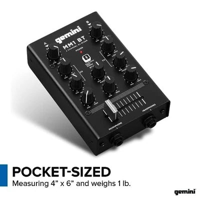 Gemini MM1 BT pocket-sized 2-channel DJ mixer with Bluetooth, 2 channels, 40mm crossfader, all-metal build