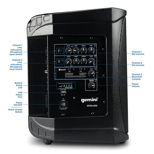 Gemini GPSS-650 Portable 200W Bluetooth PA Speaker - 12 Hour Battery