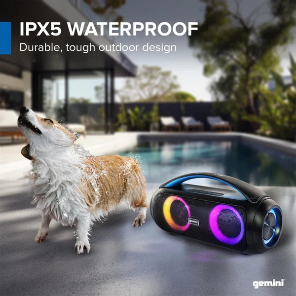 Gemini GGO-230L portable Bluetooth boombox with LED party lighting, dual 3" woofers, 7-hour battery