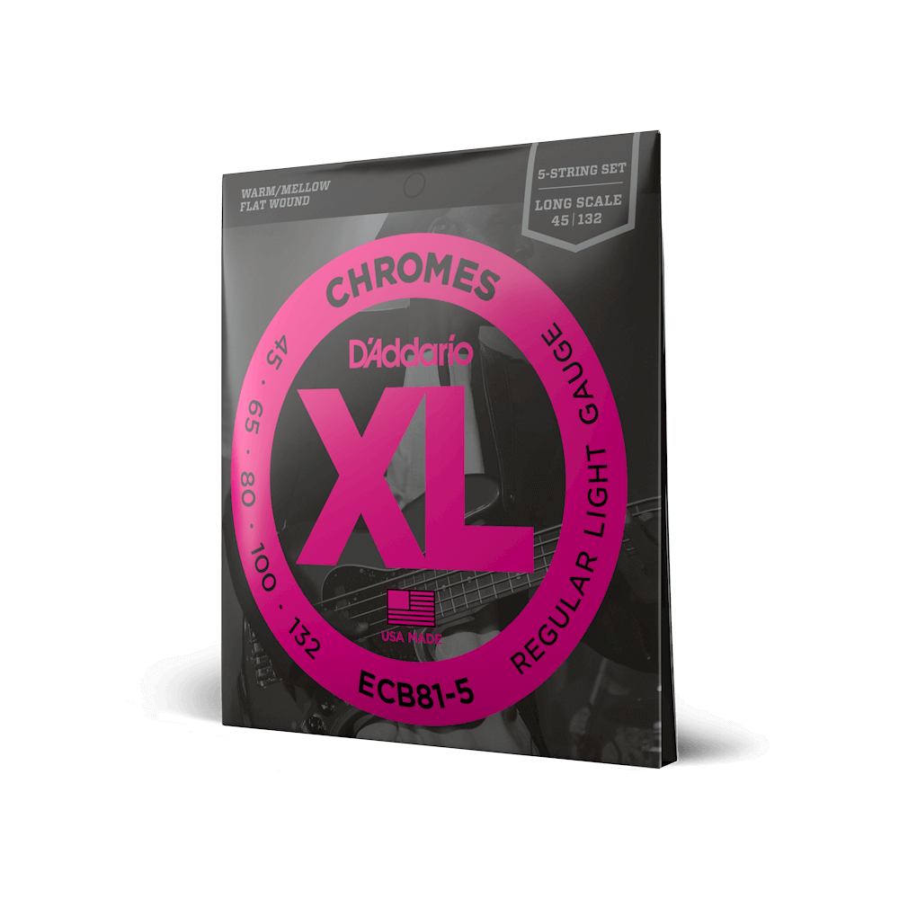 D'Addario XL Chromes Flatwound Bass Guitar Strings .045-.132 Regular Light Long Scale 5-string