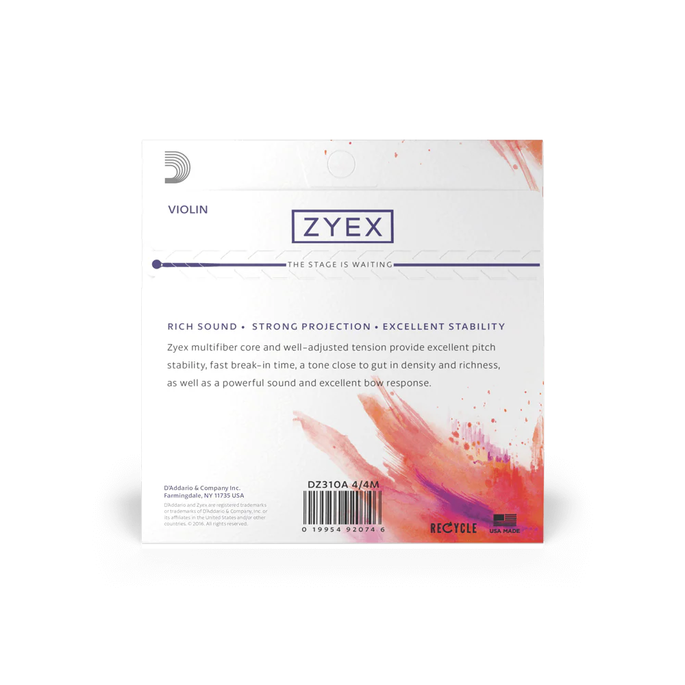 D'Addario Zyex Violin String Set, with Aluminum D, 4/4 Scale, Medium Tension