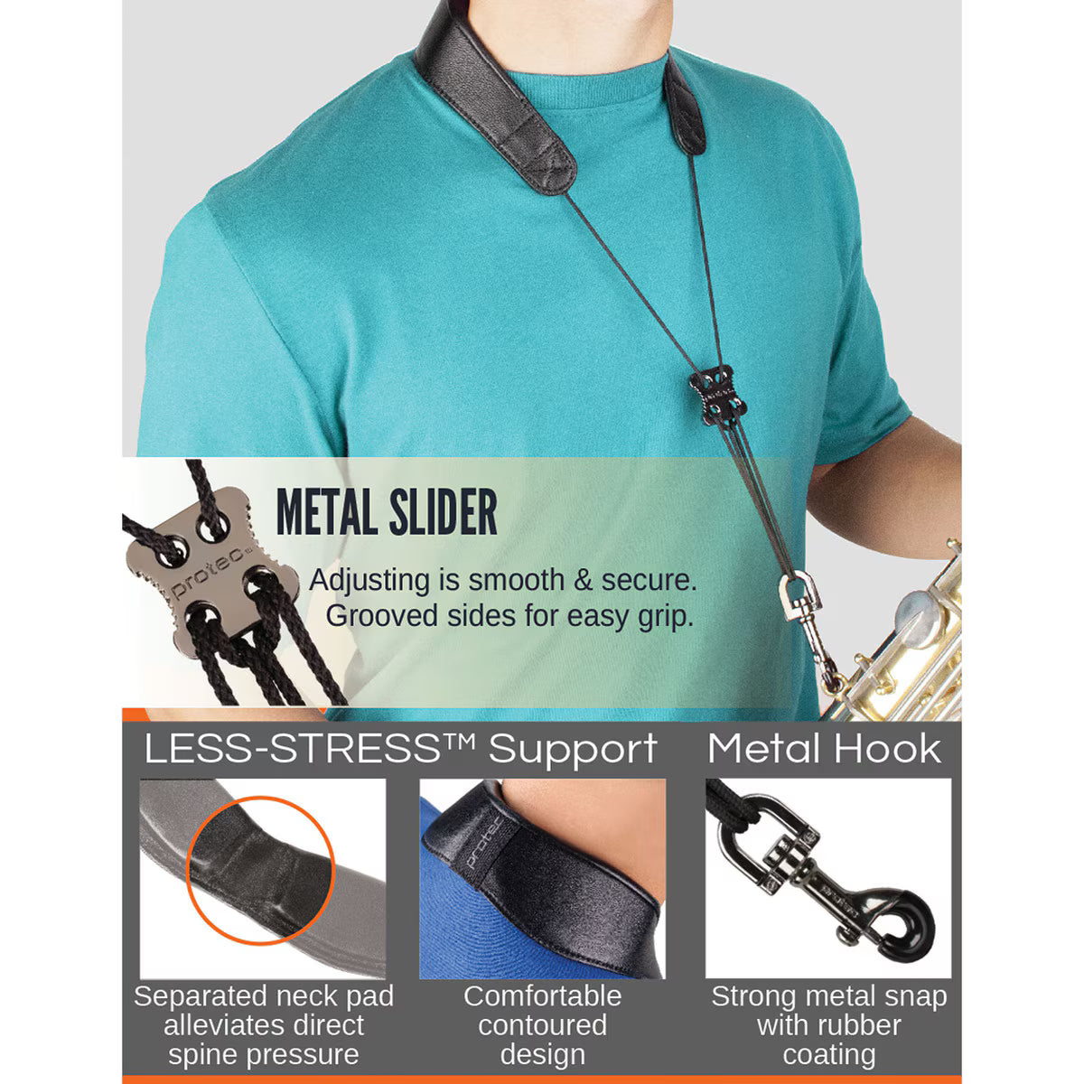 Protec Saxophone Neck Strap - Less Stress Leather, Metal Snap, Size 24" Tall