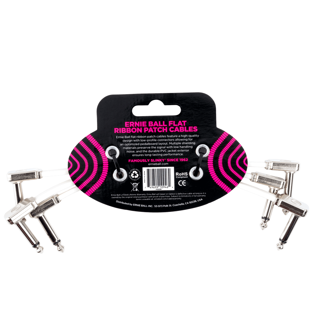 Ernie Ball Flat Ribbon Patch Cable 6in - White - 3 Pack
