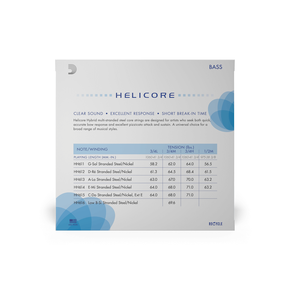 D'Addario HH610 3/4M Helicore Hybrid Double Bass String Set - 3/4 Size - Medium Tension