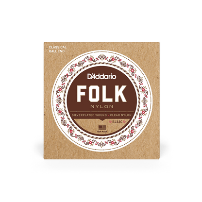 D'Addarío Folk EJ32C Normal Tension Ball End - Silver-Wound/Clear Nylon Classical Guitar Strings