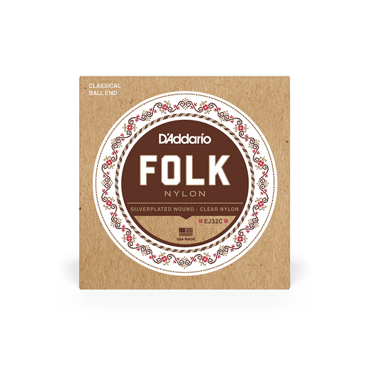 D'Addarío Folk EJ32C Normal Tension Ball End - Silver-Wound/Clear Nylon Classical Guitar Strings