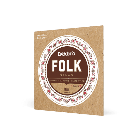D'Addarío Folk EJ32C Normal Tension Ball End - Silver-Wound/Clear Nylon Classical Guitar Strings