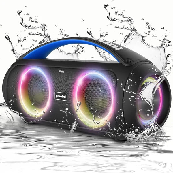 Gemini GGO-230L portable Bluetooth boombox with LED party lighting, dual 3" woofers, 7-hour battery