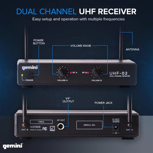 Gemini UHF-02M/HL Wireless Handheld Microphone System - Multi-Frequency