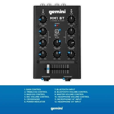 Gemini MM1 BT pocket-sized 2-channel DJ mixer with Bluetooth, 2 channels, 40mm crossfader, all-metal build