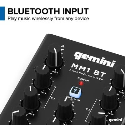 Gemini MM1 BT pocket-sized 2-channel DJ mixer with Bluetooth, 2 channels, 40mm crossfader, all-metal build