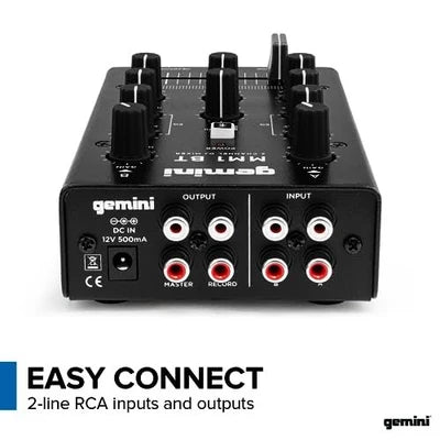 Gemini MM1 BT pocket-sized 2-channel DJ mixer with Bluetooth, 2 channels, 40mm crossfader, all-metal build