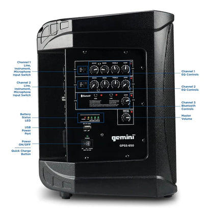 Gemini GPSS-650 Portable 200W Bluetooth PA Speaker - 12 Hour Battery
